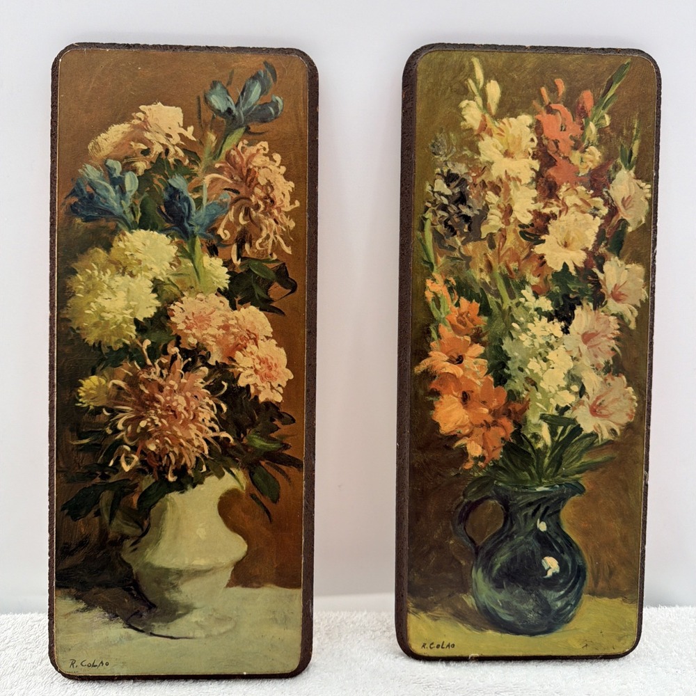 2 Wood Collage Rudolph Colao Floral Still Life Mid Century Art Wall 15 "x6"